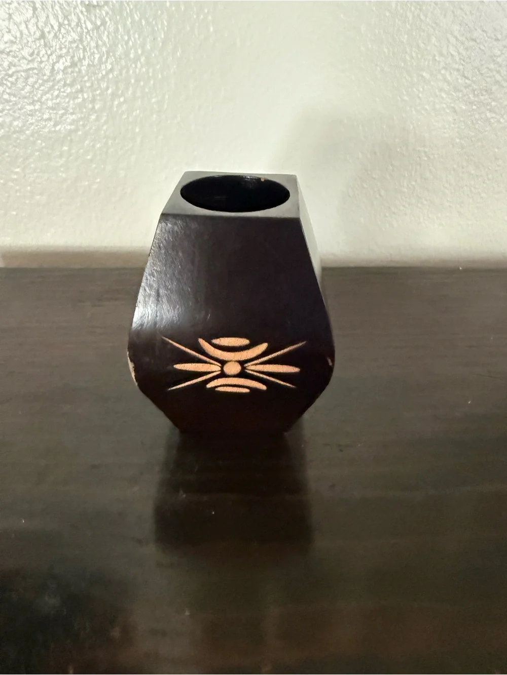 Dark Brown Wooden Votive Holder with Inlaid Accent